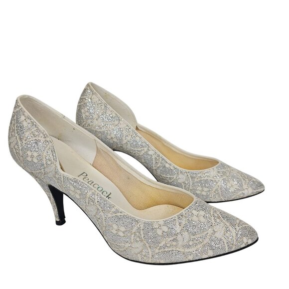 Peacocks 8 Silver + Gold Sparkly Floral Stiletto Pump Heels Party Wedding Formal - Picture 1 of 16